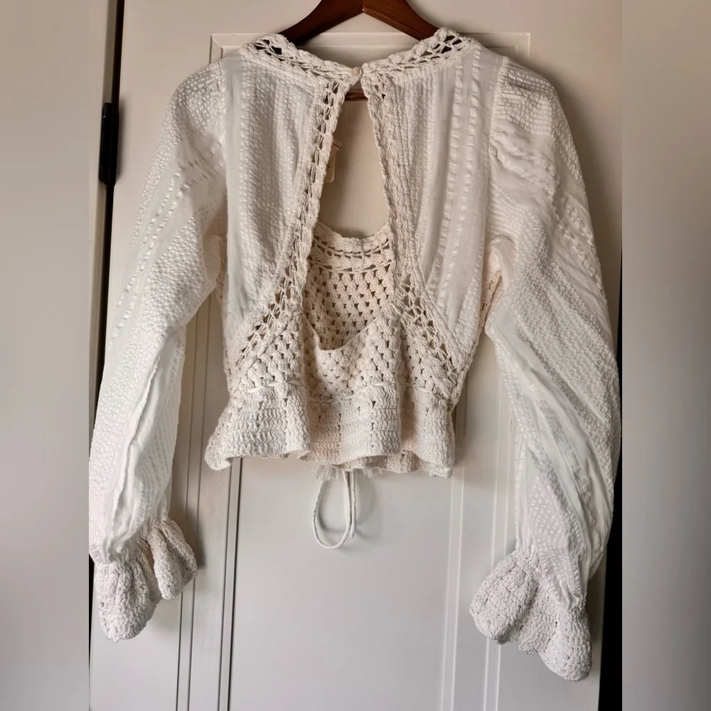 NWT Free People $128 Megan Crochet Knit Open Back Key Hole Blouse Ivory Small